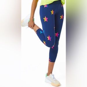 TEREZ UPLIFT S LEGGINGS IN NAVY RAINBOW STAR FOIL WITH TALL BAND NWOT C4